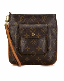 Clutch Bags*Louis Vuitton Preloved Monogram Canvas Clutch Bag with Vachetta Wrist Strap and Flap Brown