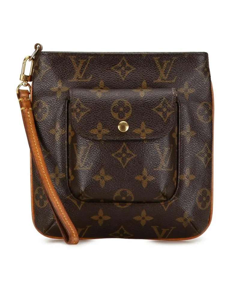 Clutch Bags*Louis Vuitton Preloved Monogram Canvas Clutch Bag with Vachetta Wrist Strap and Flap Brown