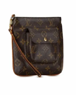 Clutch Bags*Louis Vuitton Preloved Monogram Canvas Clutch Bag with Vachetta Wrist Strap and Flap Brown