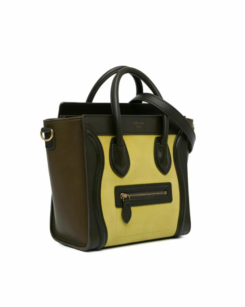 Tote Bags*Celine Preloved Nano Tricolor Nubuck and Calfskin Luggage Tote with Rolled Yellow