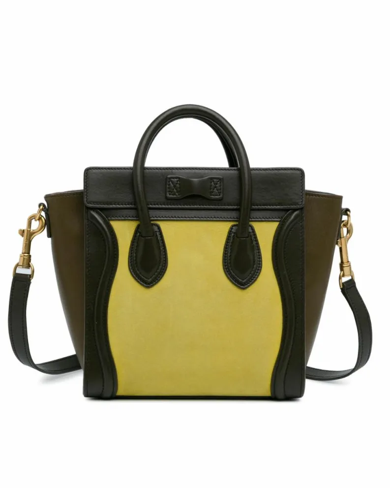 Tote Bags*Celine Preloved Nano Tricolor Nubuck and Calfskin Luggage Tote with Rolled Yellow