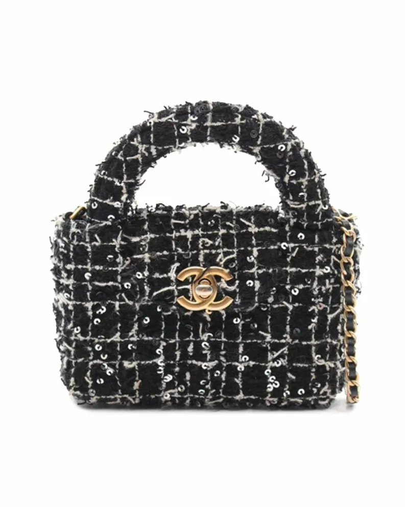 Clutch Bags*Chanel Preloved Nano Tweed Kelly Clutch with Sequin Embellished Shoulder Black