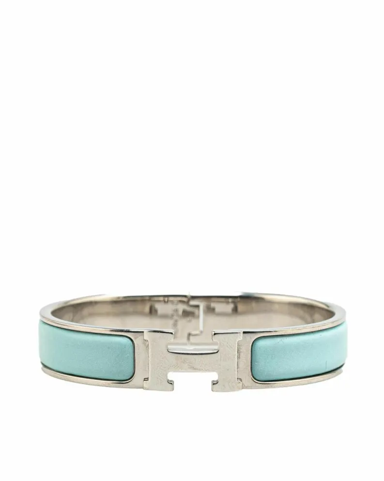 Bracelets*Hermes Preloved Narrow Enamel Clic H Bracelet with Palladium-Plated Body Blue