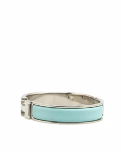 Bracelets*Hermes Preloved Narrow Enamel Clic H Bracelet with Palladium-Plated Body Blue