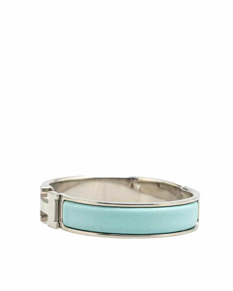 Bracelets*Hermes Preloved Narrow Enamel Clic H Bracelet with Palladium-Plated Body Blue