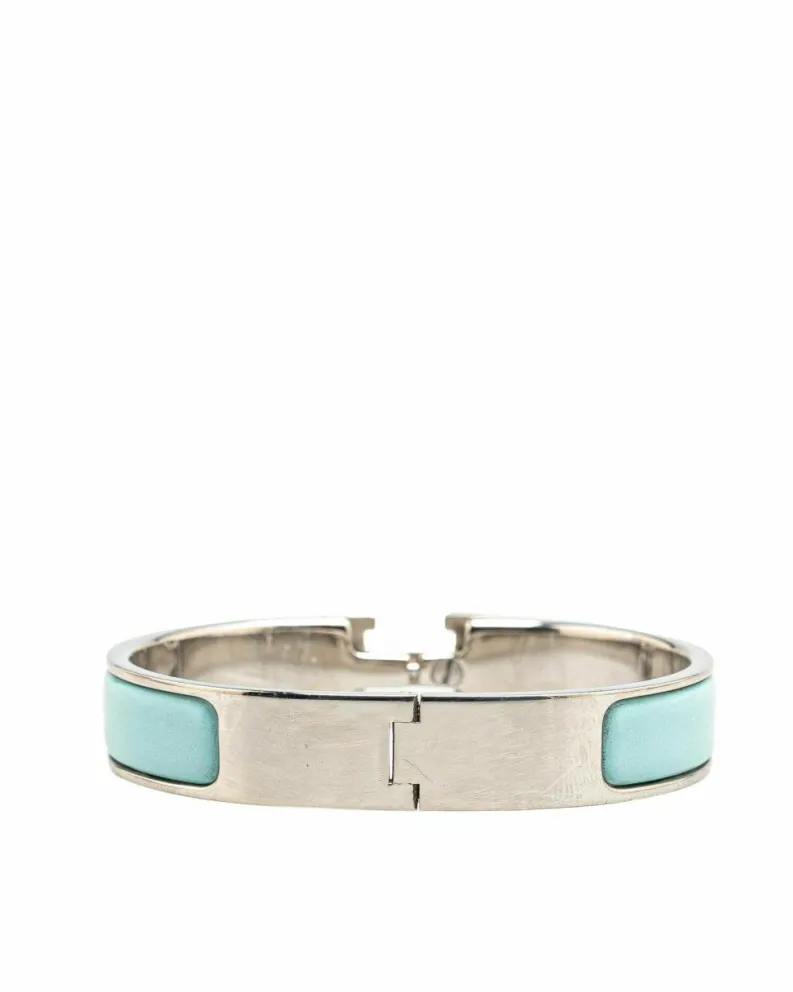 Bracelets*Hermes Preloved Narrow Enamel Clic H Bracelet with Palladium-Plated Body Blue