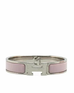 Bracelets*Hermes Preloved Narrow Enamel Clic H Bracelet with Palladium Plating Pink