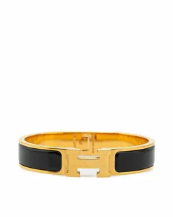 Bracelets*Hermes Preloved Narrow Enamel Clic Clac H Bracelet with Gold-Plated Metal Black