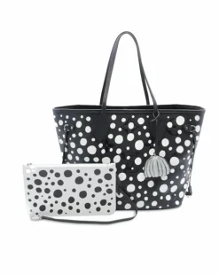 Tote Bags*Louis Vuitton Preloved Neverfull MM Empreinte and White Polka Dot Tote Bag Black
