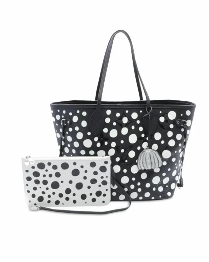 Tote Bags*Louis Vuitton Preloved Neverfull MM Empreinte and White Polka Dot Tote Bag Black