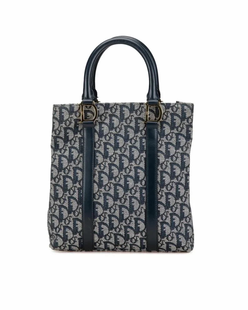 Tote Bags*Dior Preloved Oblique Trotter Canvas Tote Bag with Leather Handles Blue
