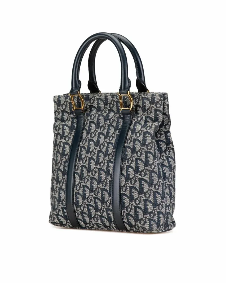 Tote Bags*Dior Preloved Oblique Trotter Canvas Tote Bag with Leather Handles Blue