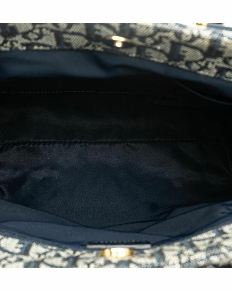 Tote Bags*Dior Preloved Oblique Trotter Canvas Tote Bag with Leather Handles Blue