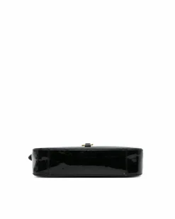 Shoulder Bags*Saint Laurent Preloved Patent Leather Shoulder Bag with Flat Strap and Zip Pocket Black
