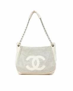 Shoulder Bags*Chanel Preloved Perforated Caviar Leather Accordion Shoulder Bag White