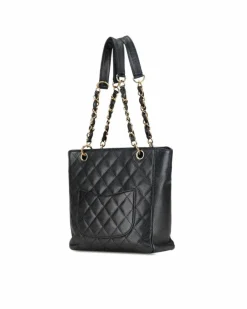 Tote Bags*Chanel Preloved Petite Quilted Leather Shopping Tote with Curb Chain Handles Black