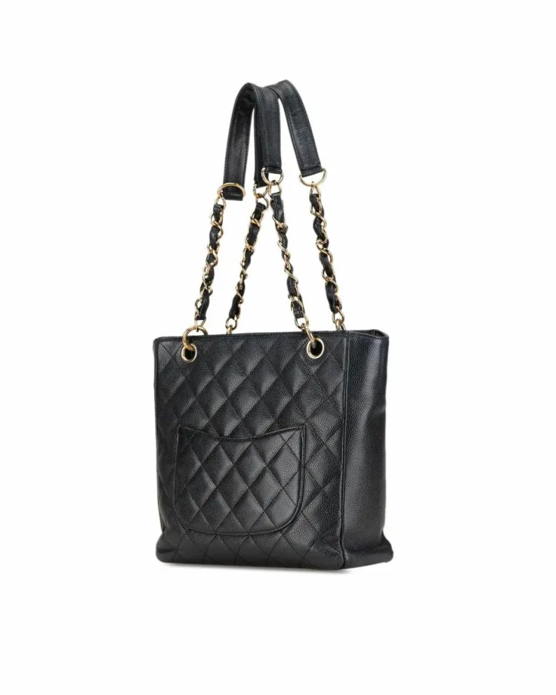 Tote Bags*Chanel Preloved Petite Quilted Leather Shopping Tote with Curb Chain Handles Black