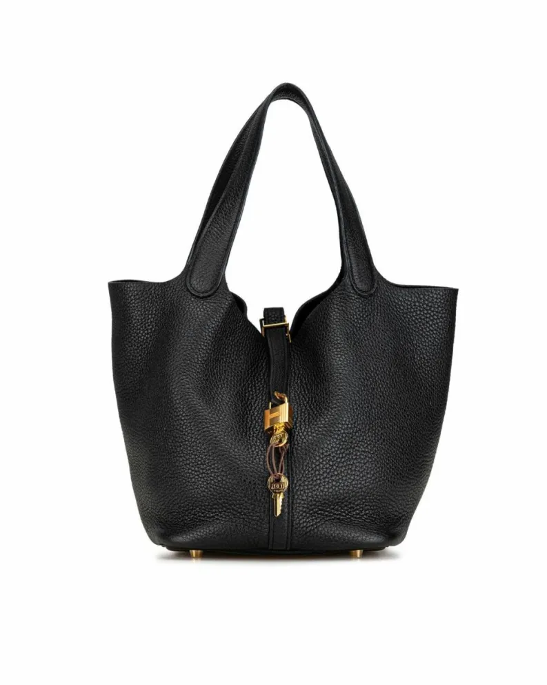 Tote Bags*Hermes Preloved Picotin Lock 22 Leather Tote with Buckle Closure Black