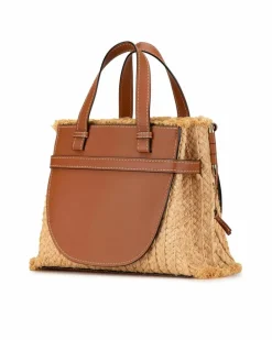 Tote Bags*LOEWE Preloved Puzzle Small Tote Bag in Straw and Leather Brown