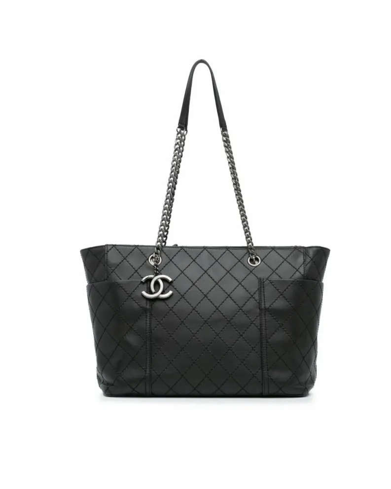 Tote Bags*Chanel Preloved Quilted Leather Tote Bag Authentic Lambskin Leather Black