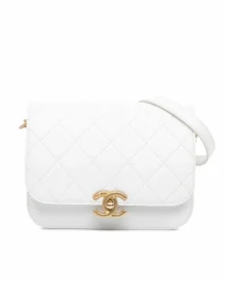 Cross-Body Bags*Chanel Preloved Quilted Caviar Flap Crossbody Bag with Chain Strap and CC White
