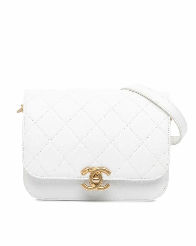 Cross-Body Bags*Chanel Preloved Quilted Caviar Flap Crossbody Bag with Chain Strap and CC White