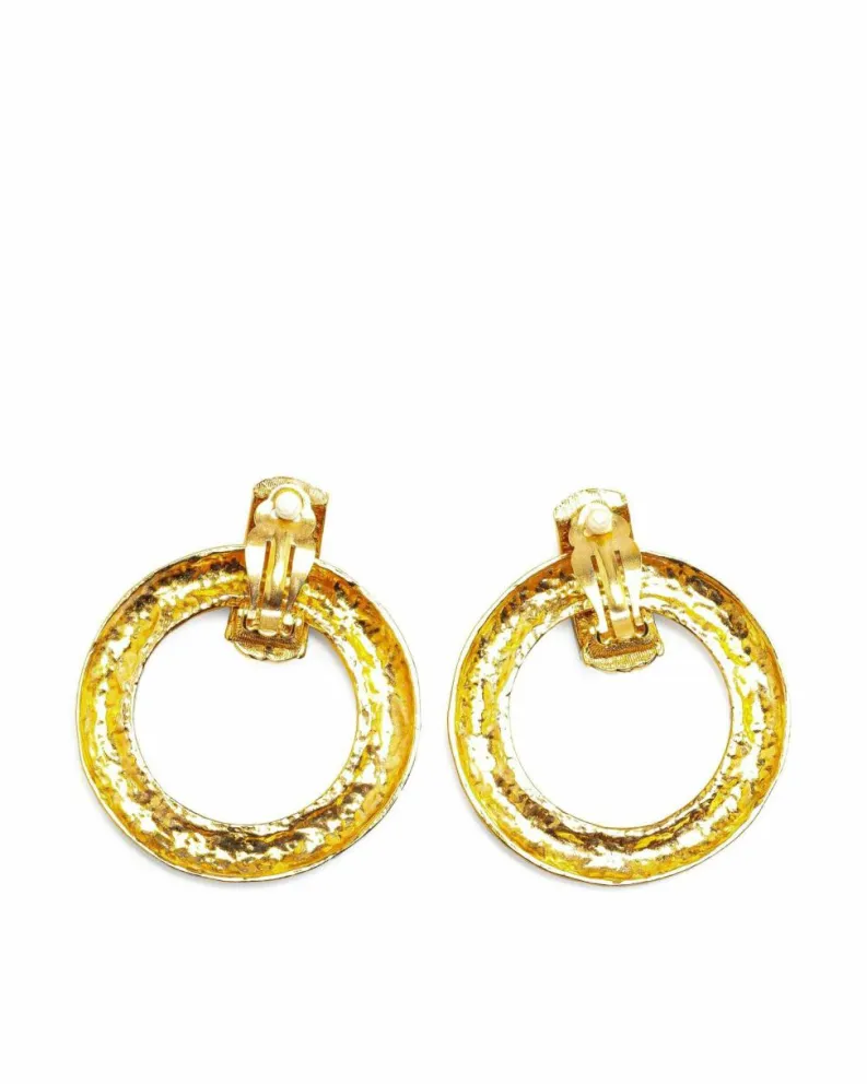 Earrings*Chanel Preloved Quilted Circle Drop Clip-On Earrings Gold