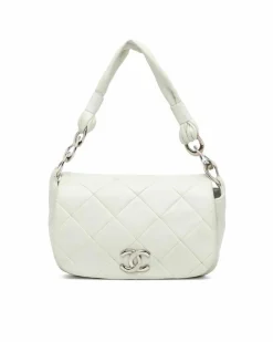 Shoulder Bags*Chanel Preloved Quilted Lambskin CC Flap Shoulder Bag with Interior Zip White