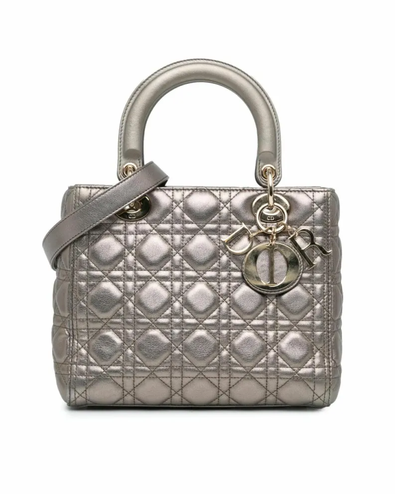 Tote Bags*Dior Preloved Quilted Lambskin Leather Tote with Detachable Strap Silver