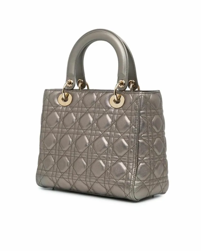 Tote Bags*Dior Preloved Quilted Lambskin Leather Tote with Detachable Strap Silver