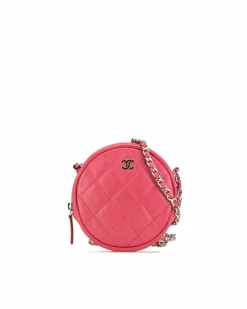 Clutch Bags*Chanel Preloved Quilted Lambskin Round Clutch with Chain and Top Zip Closure Pink