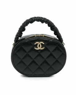 Clutch Bags*Chanel Preloved Quilted Lambskin Oval Top Handle Clutch Black