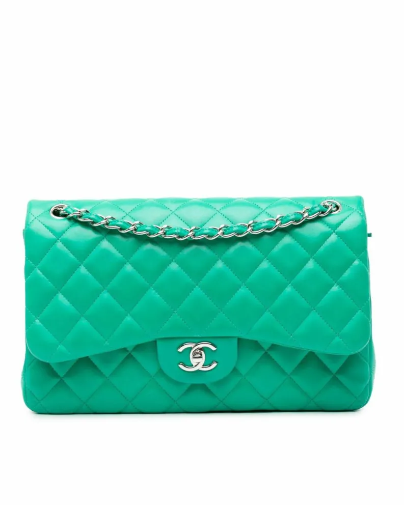 Shoulder Bags*Chanel Preloved Quilted Lambskin Double Flap Shoulder Bag with Chain Strap Green