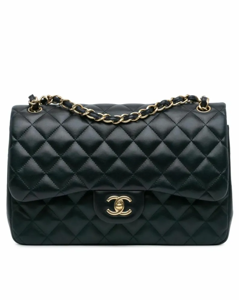 Shoulder Bags*Chanel Preloved Quilted Lambskin Double Flap Shoulder Bag with Chain Straps Blue