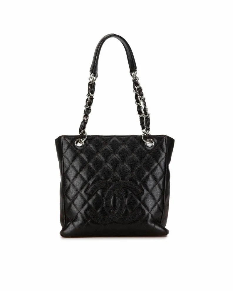 Tote Bags*Chanel Preloved Quilted Leather Tote Bag with Chain Handles and Multiple Black