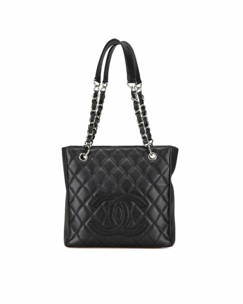 Tote Bags*Chanel Preloved Quilted Leather Shopping Tote with Chain Handles and Multiple Black