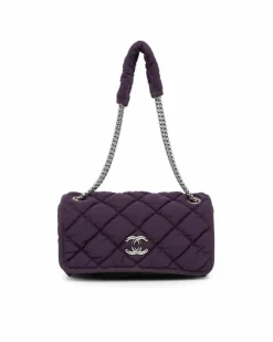 Shoulder Bags*Chanel Preloved Quilted Nylon Bubble Flap Shoulder Bag with Chain Straps Purple