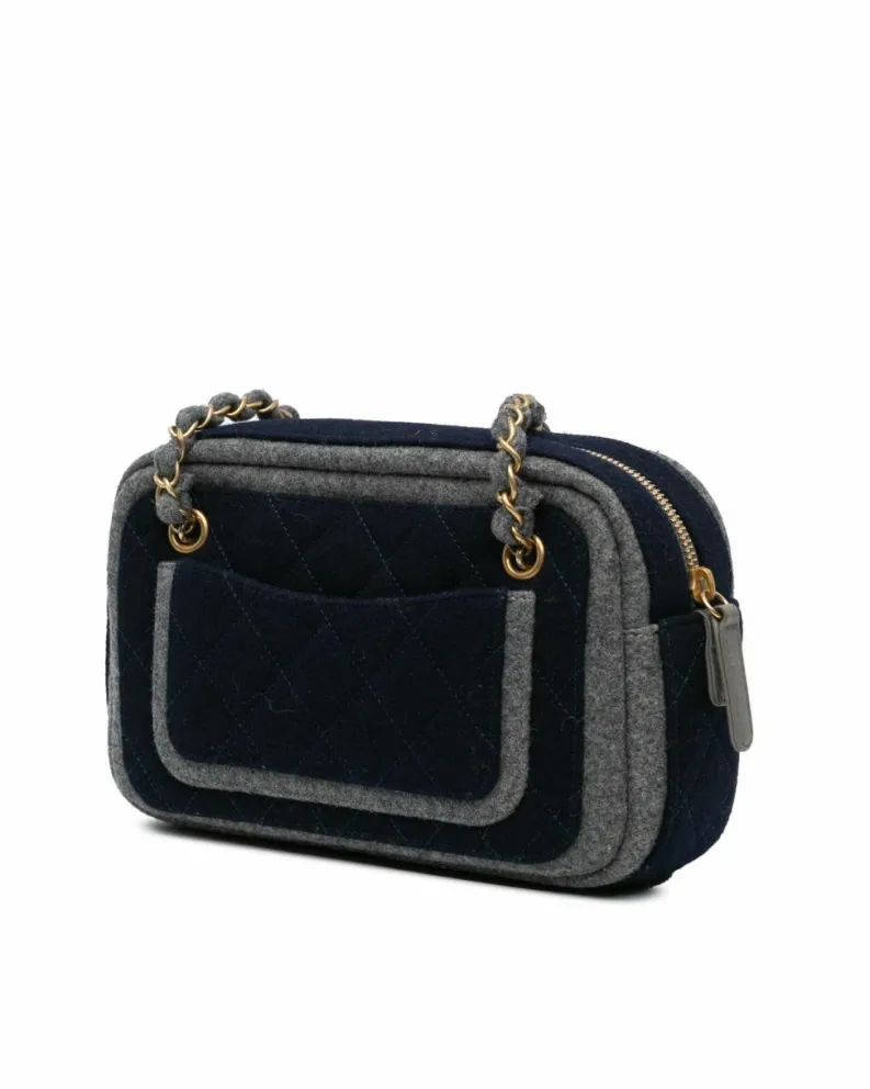 Shoulder Bags*Chanel Preloved Quilted Wool Shoulder Bag with Chain Straps and Multiple Blue