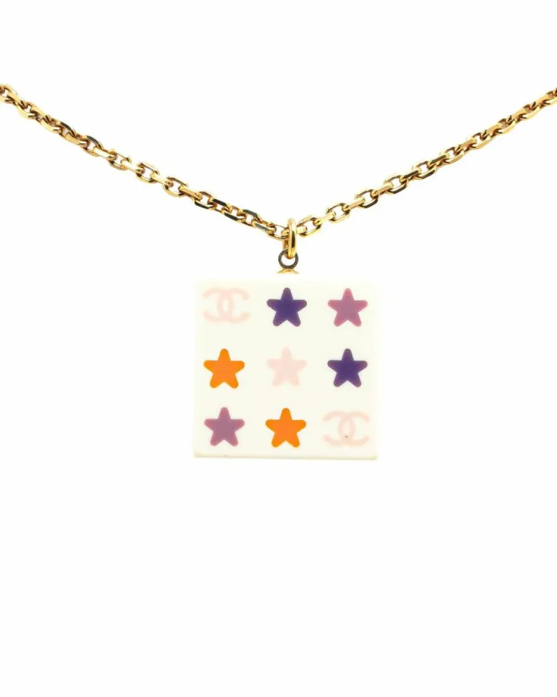 Necklaces*Chanel Preloved Resin Square Pendant Necklace with Gold-Tone Chain White
