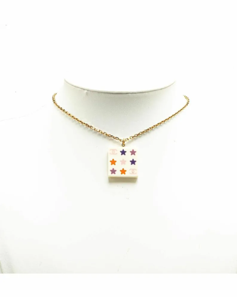 Necklaces*Chanel Preloved Resin Square Pendant Necklace with Gold-Tone Chain White