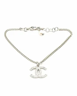 Necklaces*Chanel Preloved Rhinestone Heart Pendant Necklace Silver