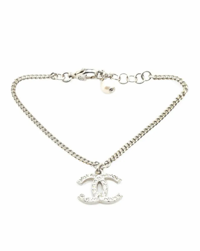 Necklaces*Chanel Preloved Rhinestone Heart Pendant Necklace Silver