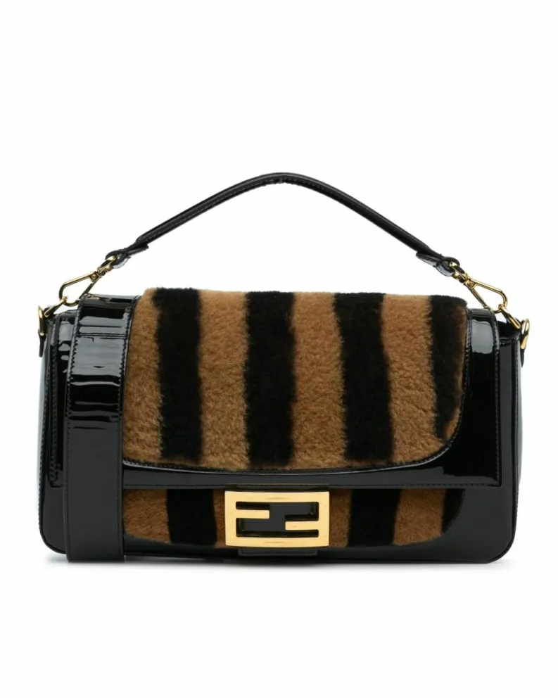Shoulder Bags*Fendi Preloved Shearling Baguette Satchel with Patent Leather Trim and Black