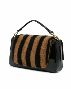 Shoulder Bags*Fendi Preloved Shearling Baguette Satchel with Patent Leather Trim and Black