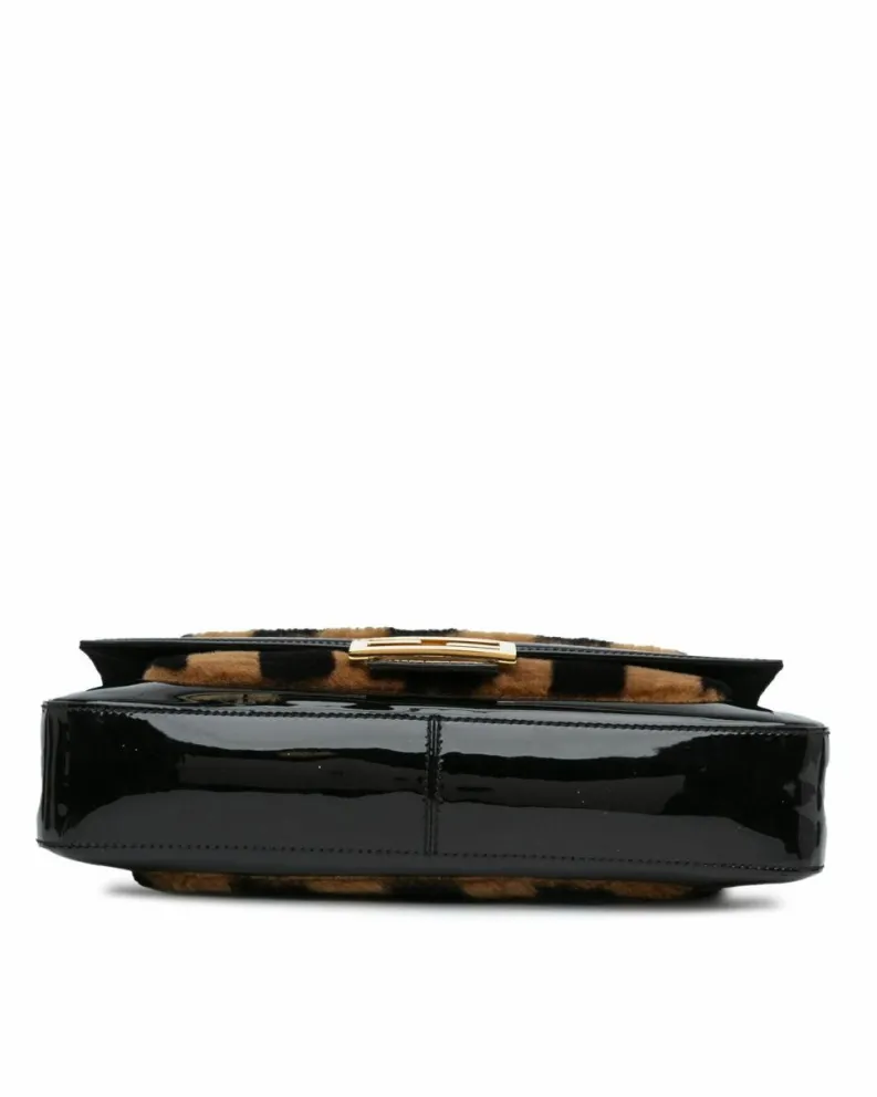 Shoulder Bags*Fendi Preloved Shearling Baguette Satchel with Patent Leather Trim and Black