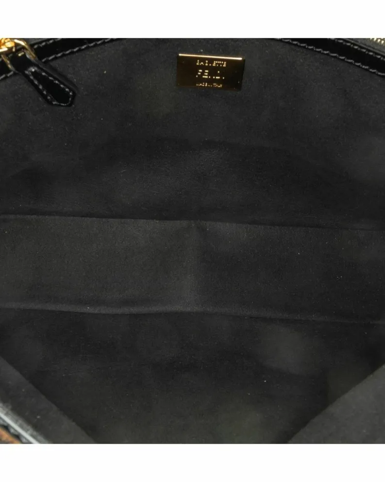 Shoulder Bags*Fendi Preloved Shearling Baguette Satchel with Patent Leather Trim and Black