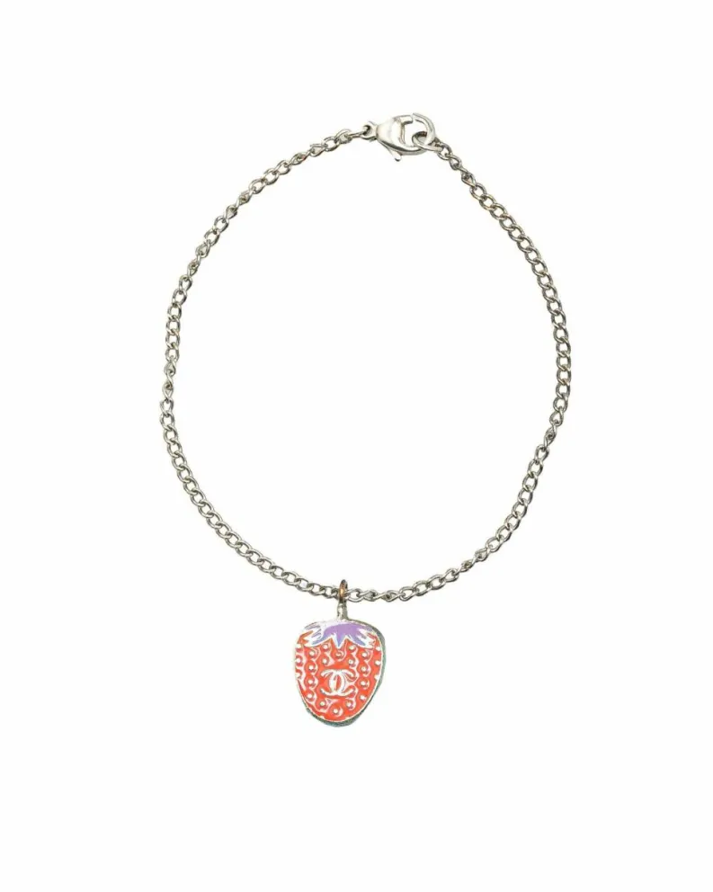 Bracelets*Chanel Preloved Plated Enamel Strawberry Chain Bracelet Silver