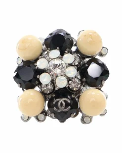 Rings*Chanel Preloved -Toned Rhinestone Flower Ring Silver