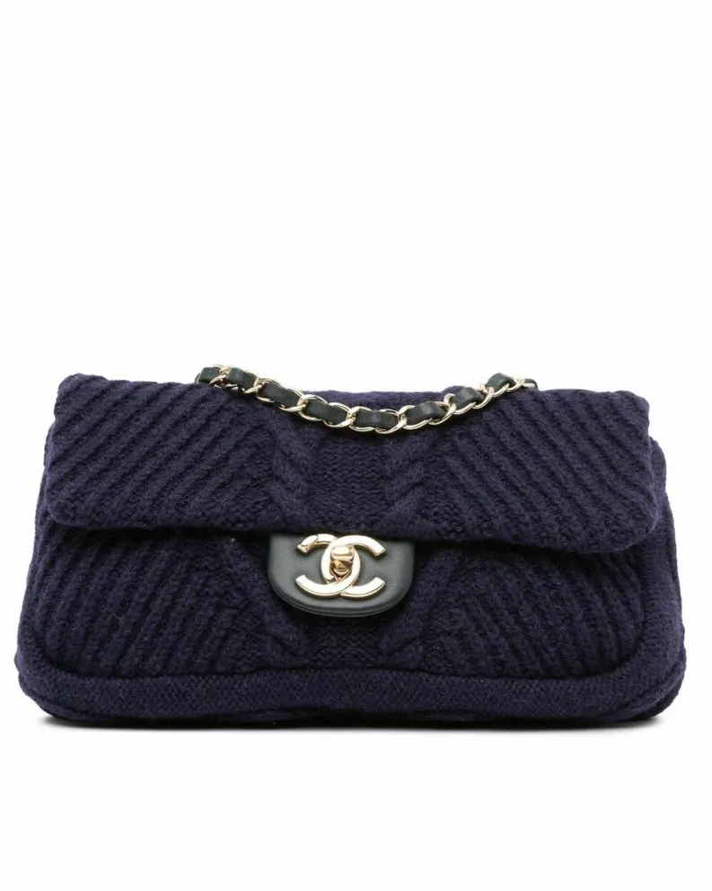 Shoulder Bags*Chanel Preloved Small Cable Knit Flap Shoulder Bag with Chain Straps Blue