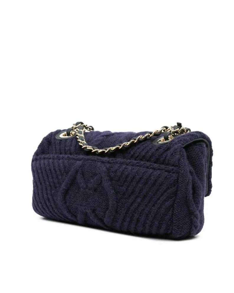 Shoulder Bags*Chanel Preloved Small Cable Knit Flap Shoulder Bag with Chain Straps Blue